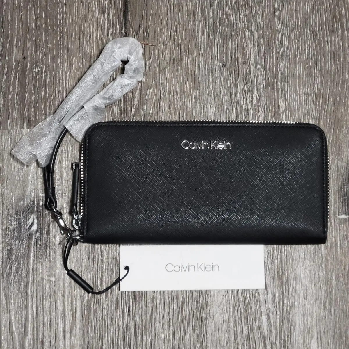 Wallet Clutch Zip Around Saffiano Leather Black by Calvin Klein