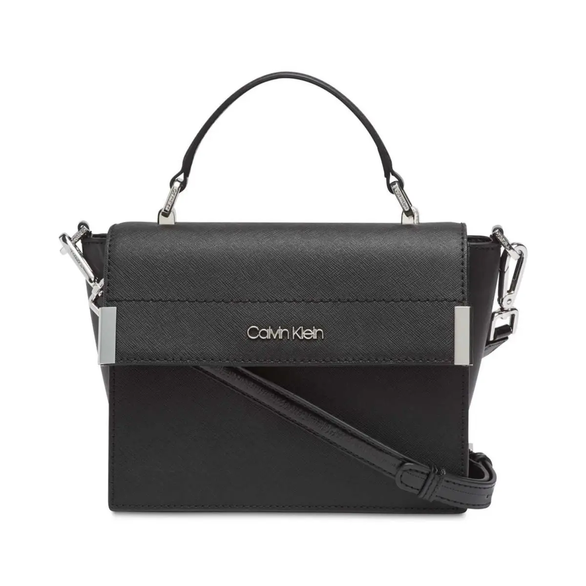 Raelynn Saffiano Top Handle Flap Handbag Crossbody Black/silver by Calvin Klein