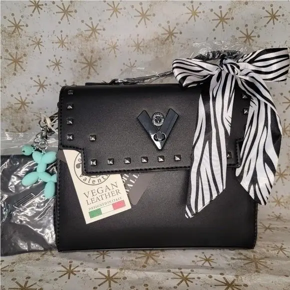 Orlandi  Black Vegan Leather Studded Crossbody Bag Scarf Pouch by Valentino