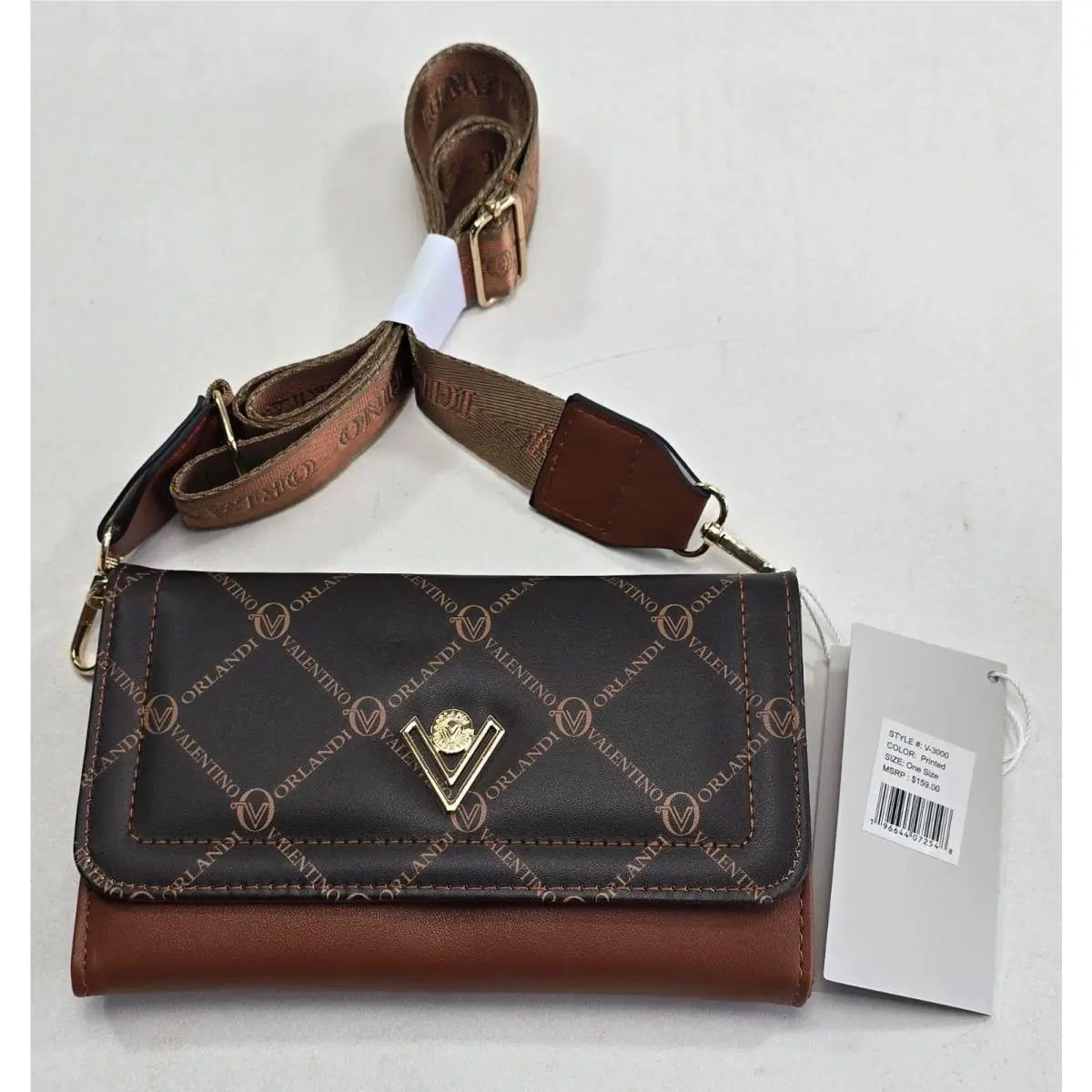 Valentino Orlandi V-3000 Crossbody Wallet Purse Brown Monogram