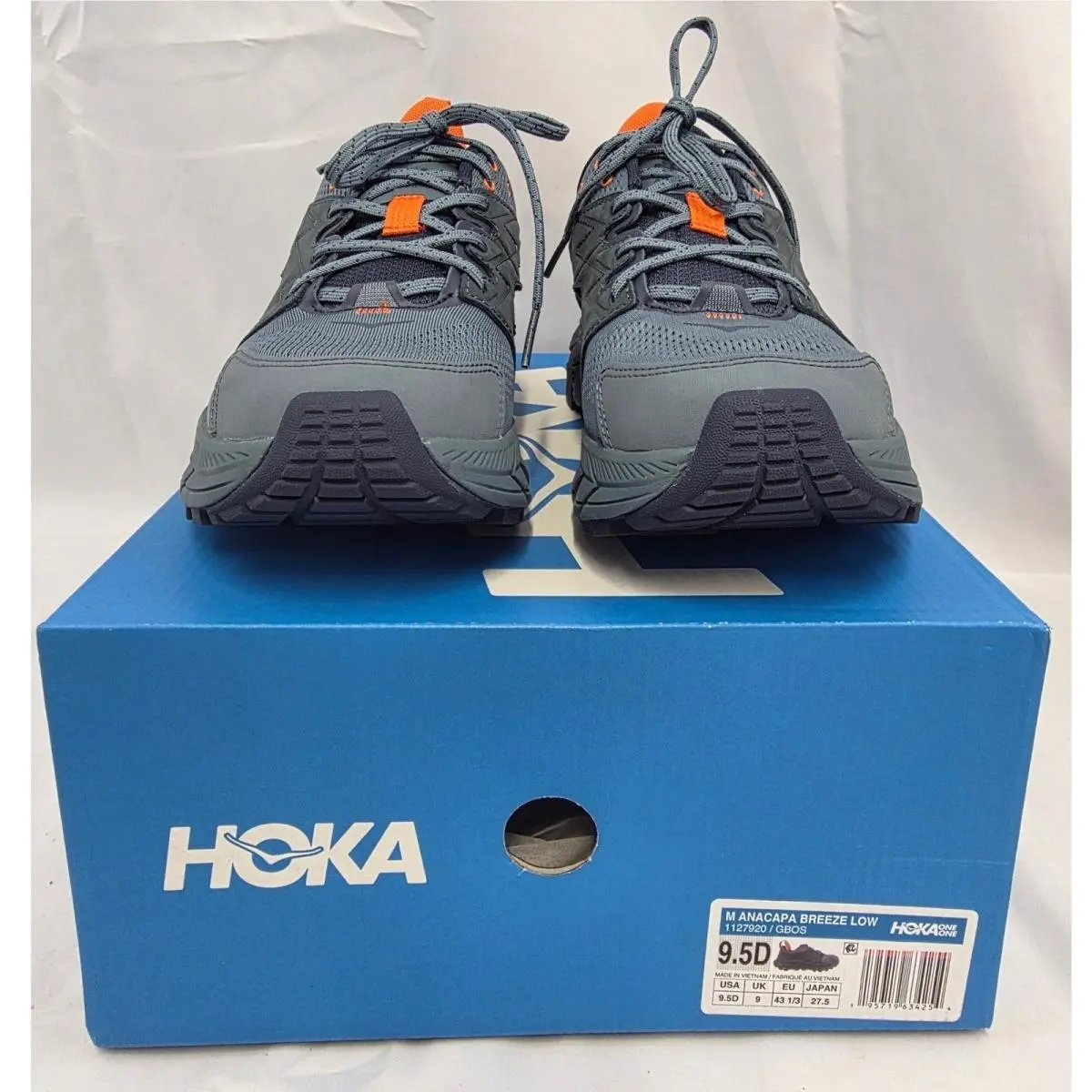 Hoka Anacapa Breeze Low 9.5D Navy Gray Orange Vibram Megagrip Trail Hiking