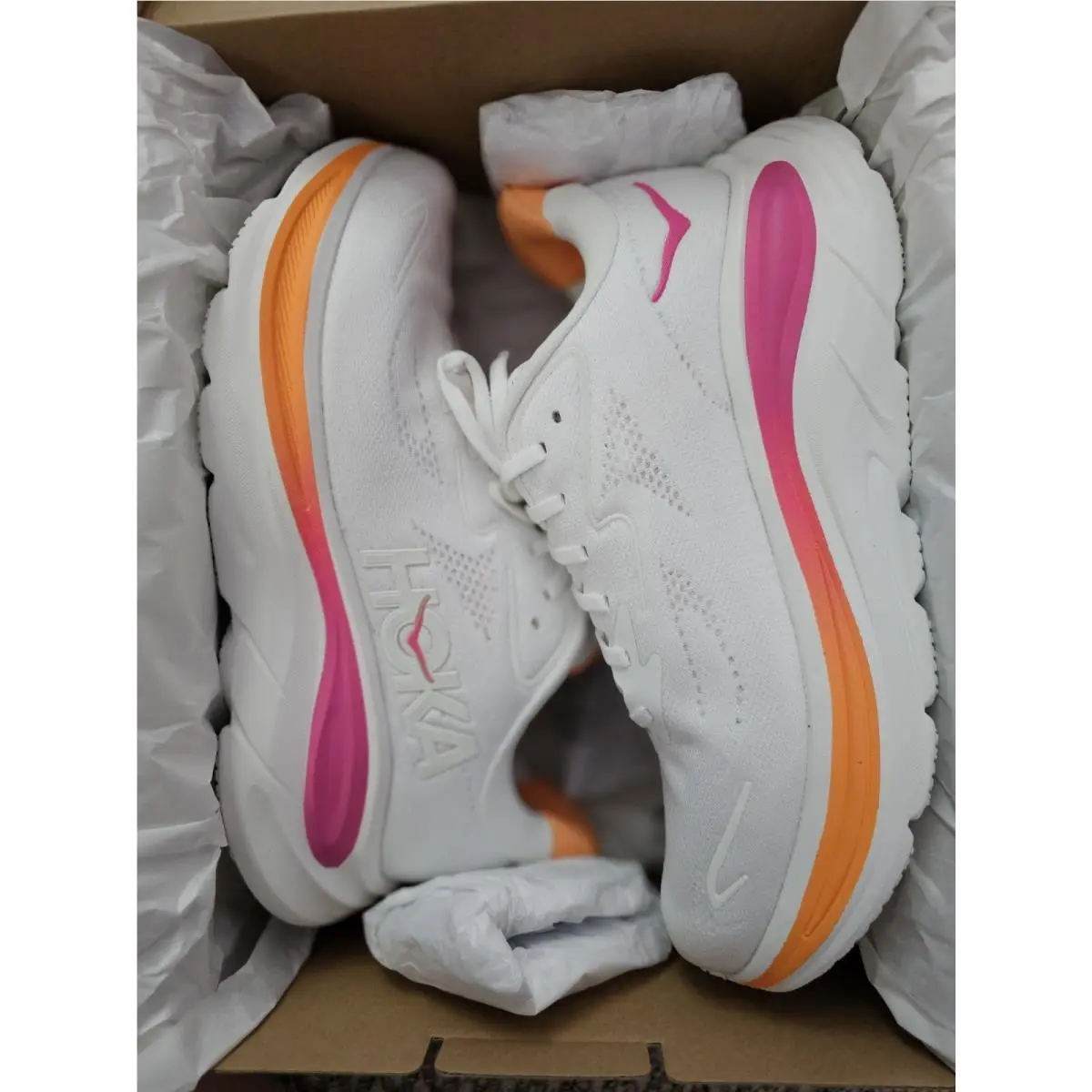 Hoka One One Clifton 10 White Hot Pink/orange Athletic Running Shoe W 9B Wtlc