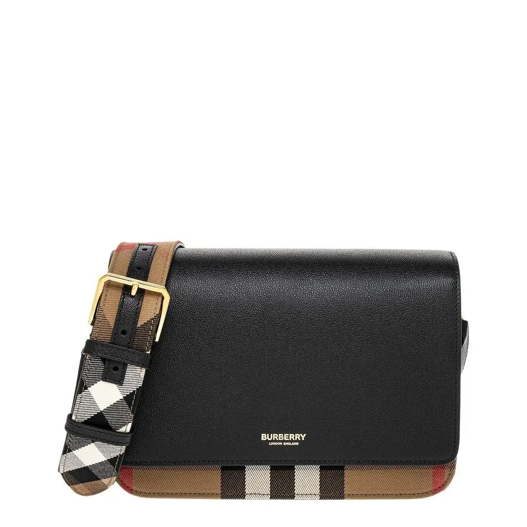 Burberry Mackford House Check Canvas Leather Bag Women`s Black