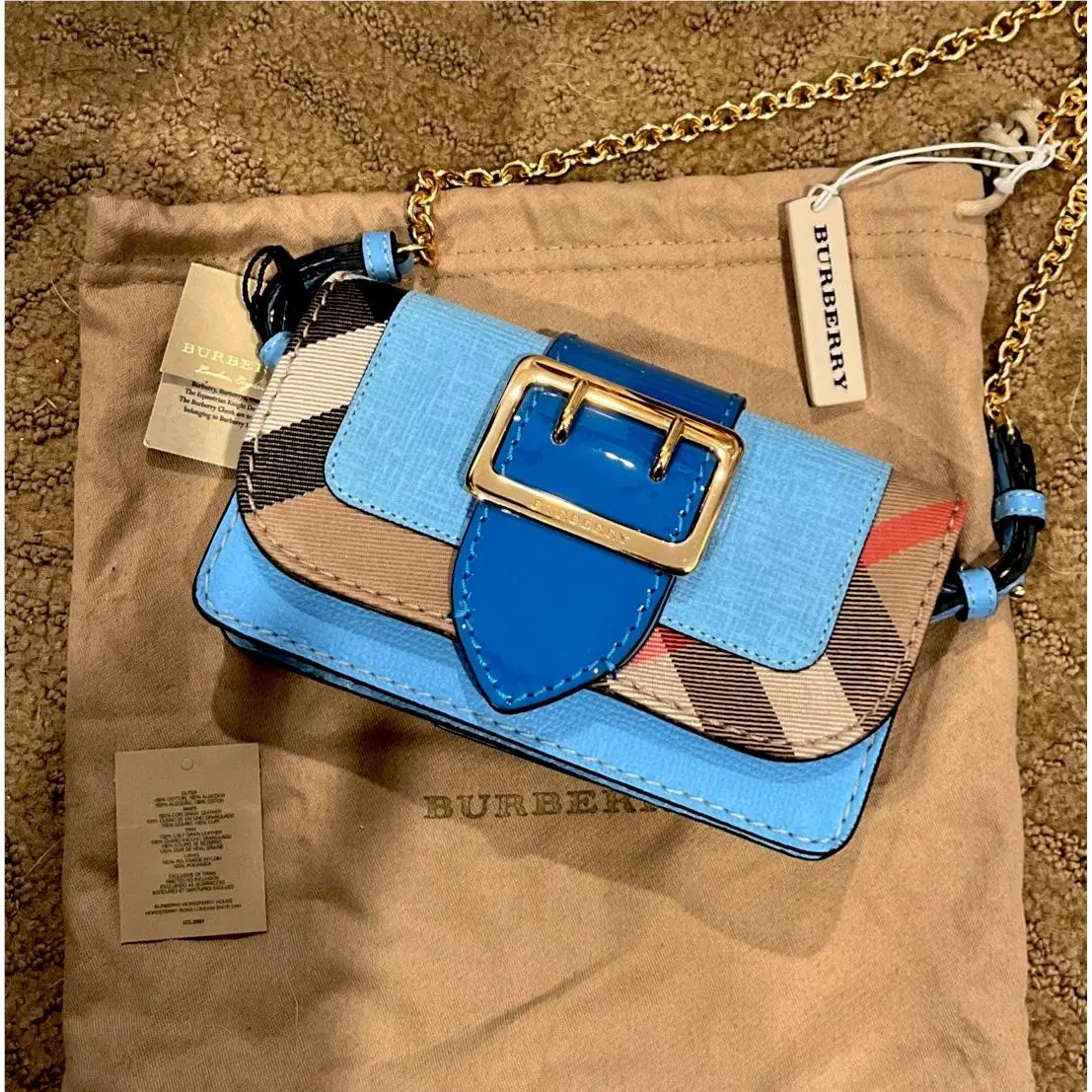Blue Check Plaid Chain Shoulder Bag by Burberry