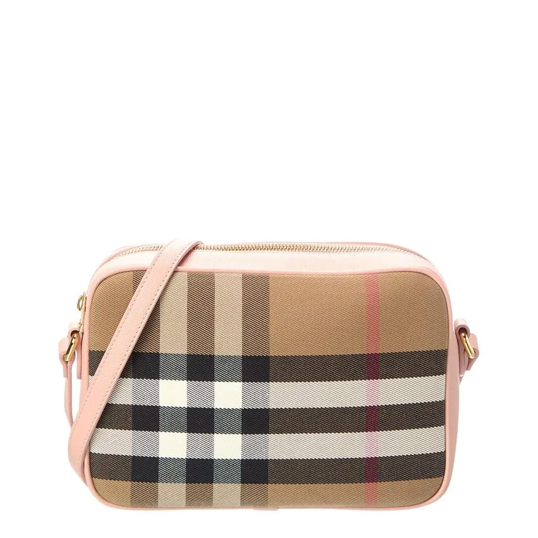Burberry Check Canvas Leather Camera Bag Women`s Pink
