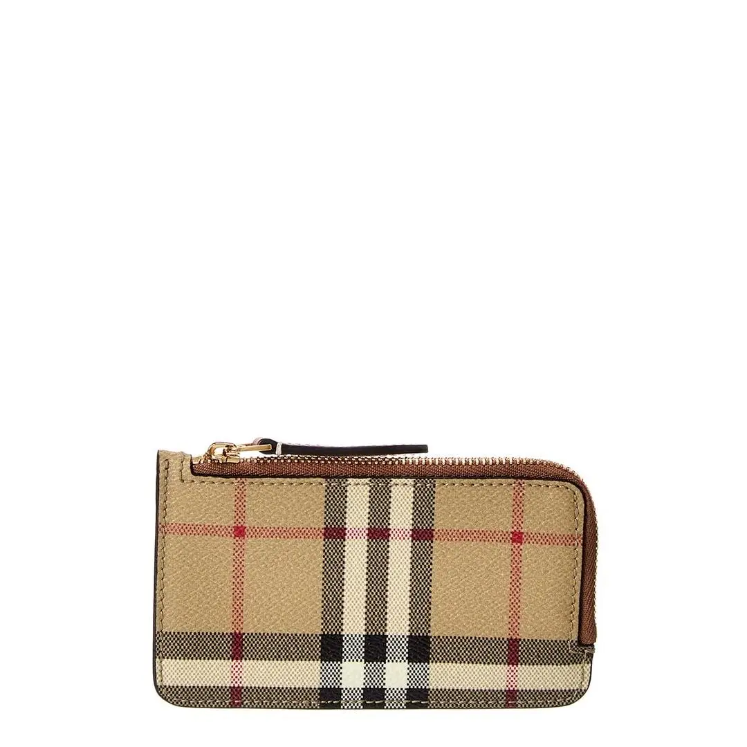 Check E-canvas Leather Zip Card Case Women`s Beige by Burberry