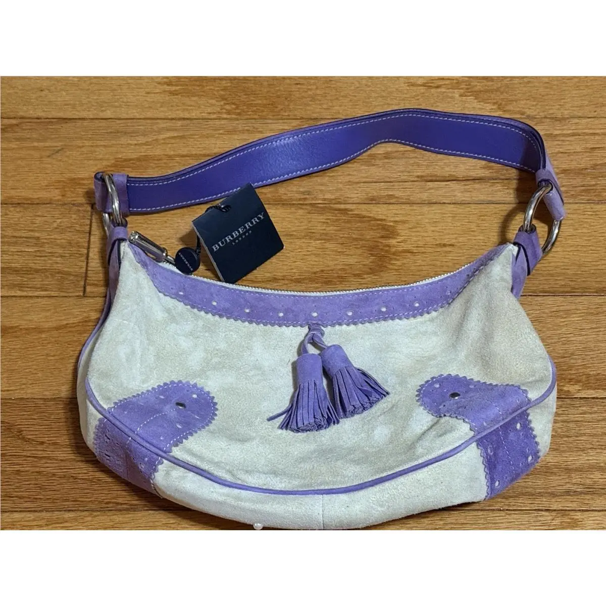 Beige Purple Small Crescent Shoulder Bag Zip Tassel Lined Pockets Tag by Burberry