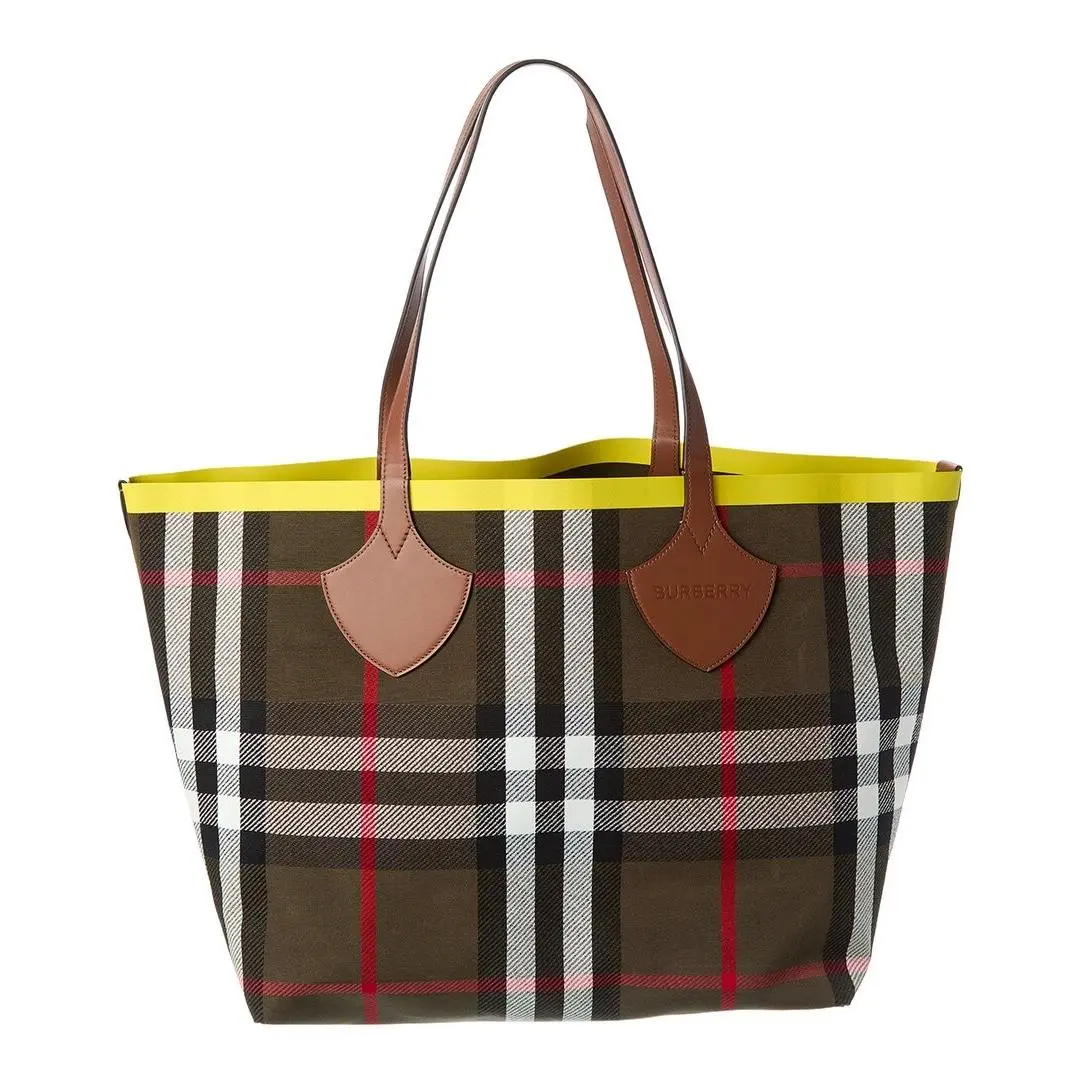 Check Large Reversible Canvas Leather Tote Women`s Green by Burberry
