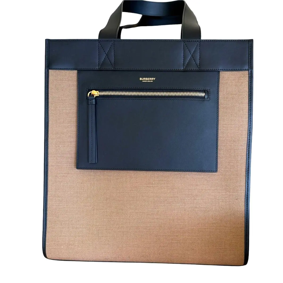 Burberry Camel Black Canvas Leather Tote Shopper Bag –