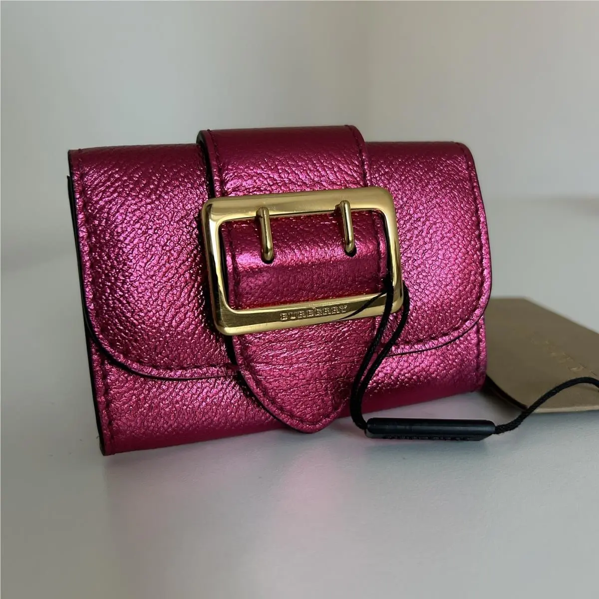 Women Burberry Card Holder Pink Metallic Leather Gold Buckle