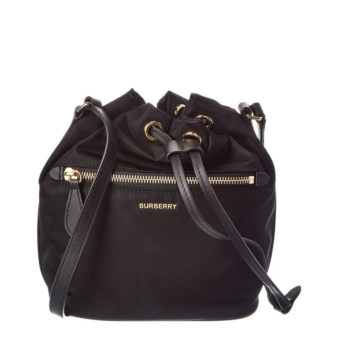 Burberry Drawstring Nylon Bucket Bag Women`s Black