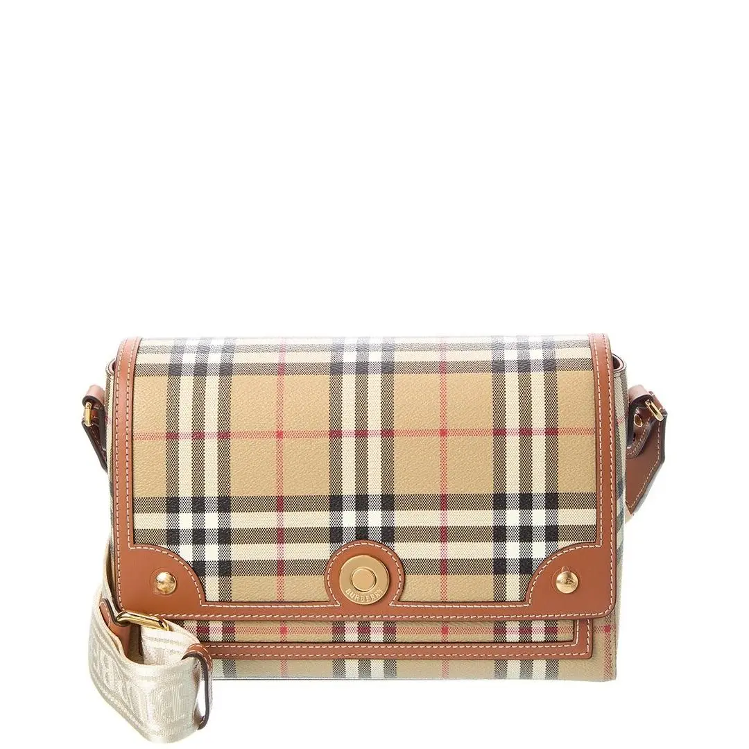 Burberry Note Check E-canvas Leather Crossbody Women`s Brown