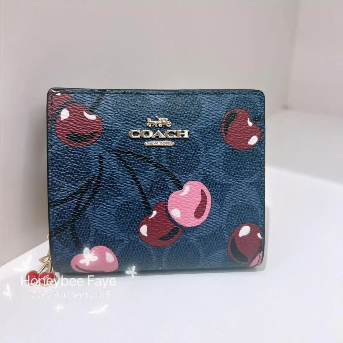 Snap Wallet In Signature Canvas with Cherry Print CZ347/CZ618 Gold/Denim Multi by Coach