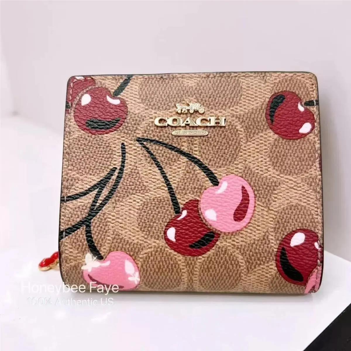 Snap Wallet In Signature Canvas with Cherry Print CZ347/CZ618 Gold/Tan Multi by Coach