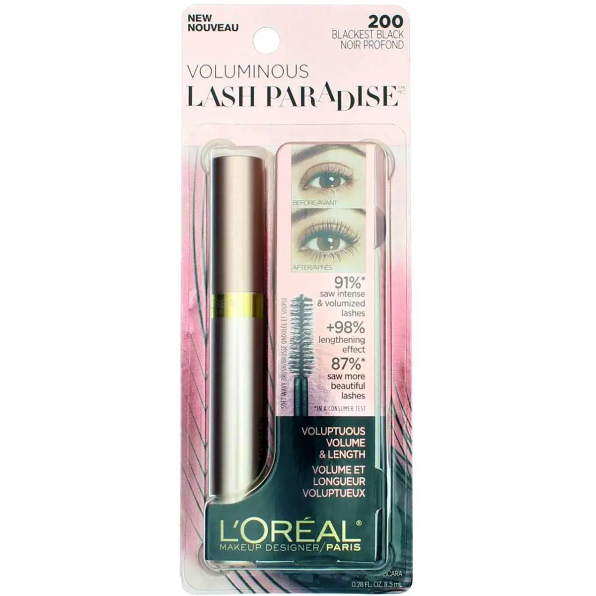 4 Pack L`oreal Paris Voluminous Lash Paradise Mascara Blackest Black 200 by L'Oréal