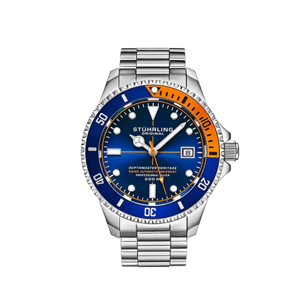 Stuhrling Aquadiver Blue Dial / Silver Stainless Steel Orange Blue Dial Wristwatch 883H by Stührling