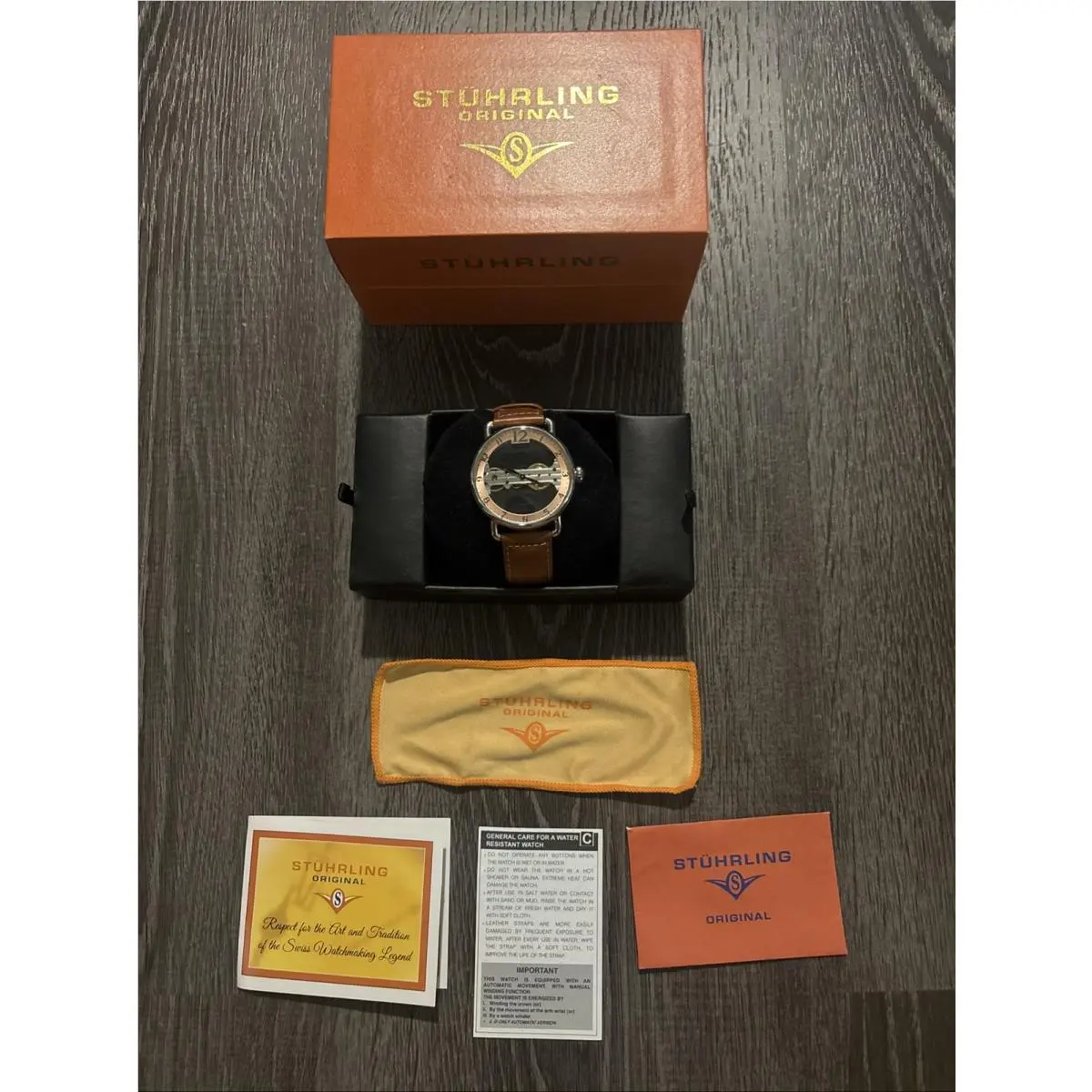 Stuhrling Stührling Original Stührling ST-90105 Mechanical Watch Rose Gold Skeleton Tan Leather Band