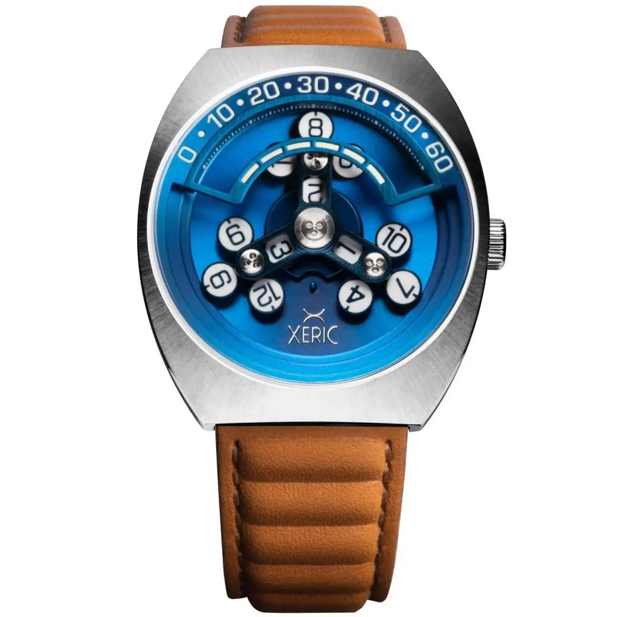 Scrambler Automatic Wandering Hour Blue Tan Watch by Xeric