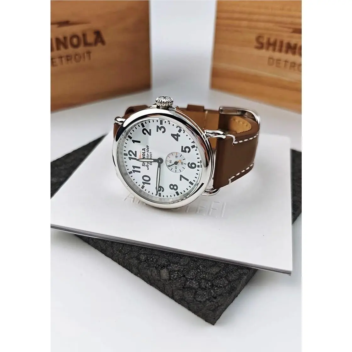 Shinola White Dial Brown Strap Watch Men`s Quartz Analog Watch Silver Steel 41MM