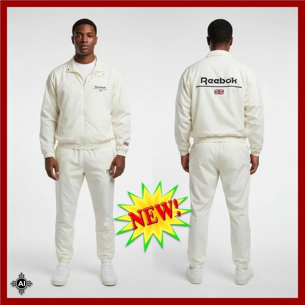 Reebok Men`s M Vintage Cream Nylon Tracksuit Teflon Union Jack 2 Piece Set