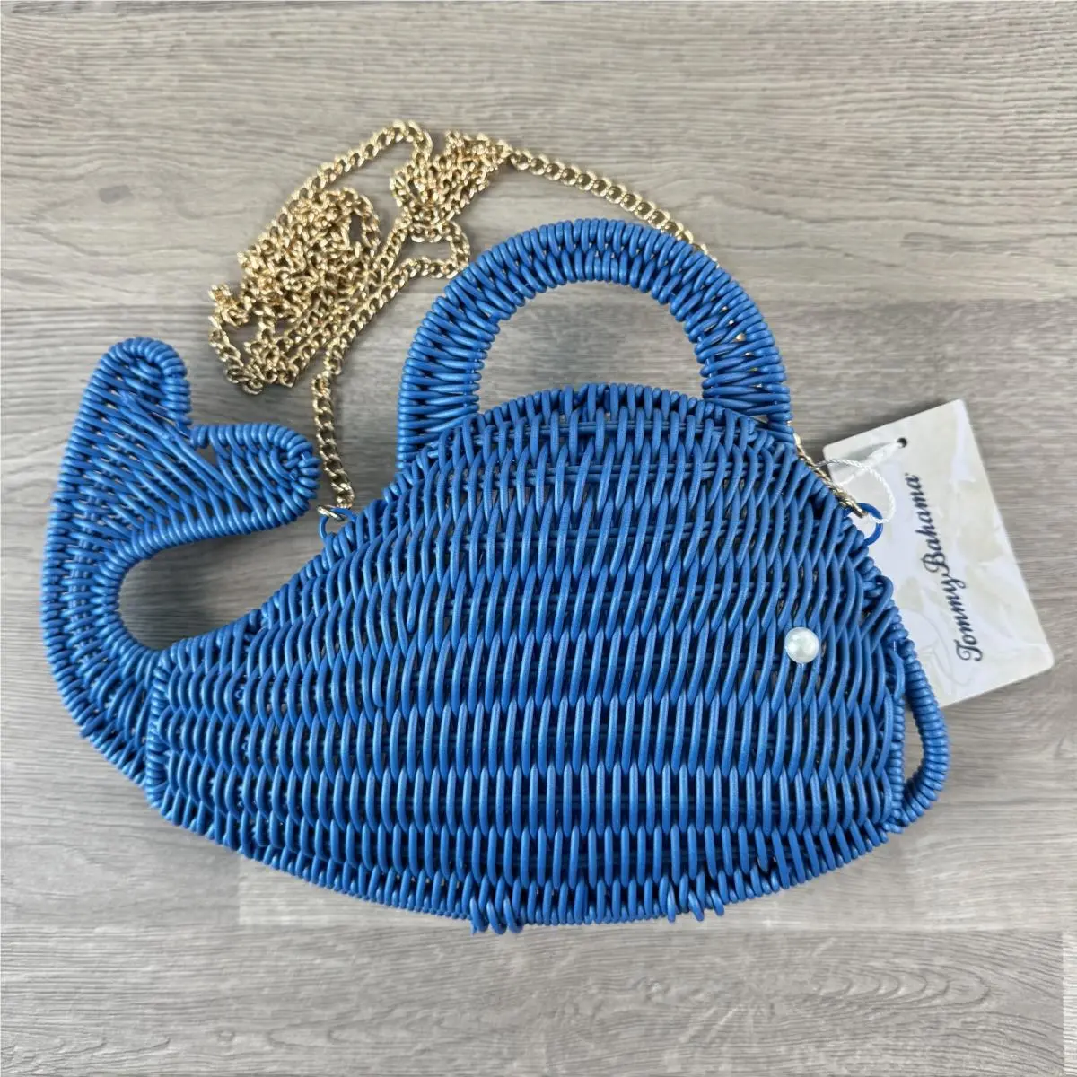 Navy Blue Wicker Whale Crossbody Bag Purse Gold Chain Clutch by Tommy Bahama