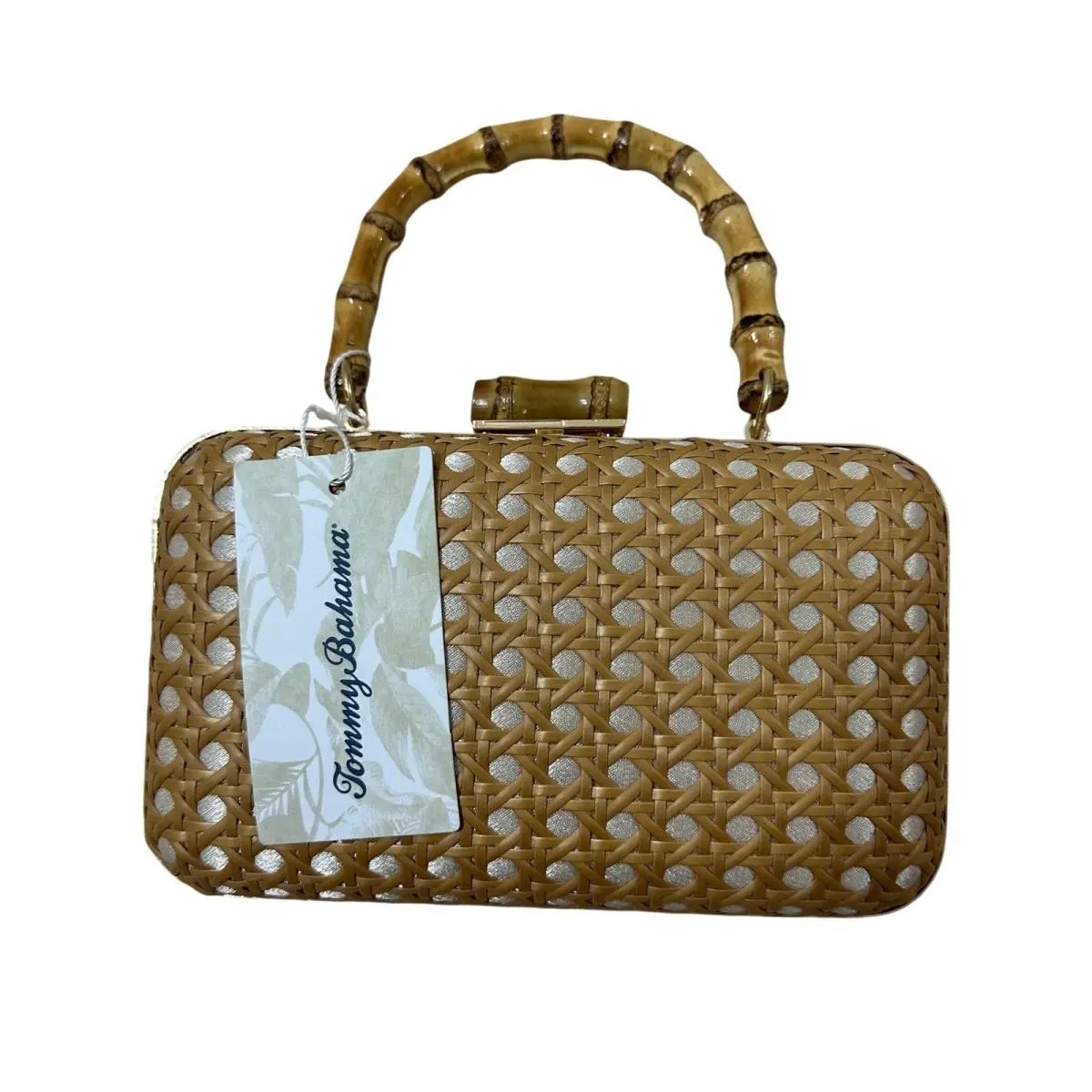 Tommy Bahama Woven Cane Bamboo Handle Clutch Bag Gold Chain Strap Tan White