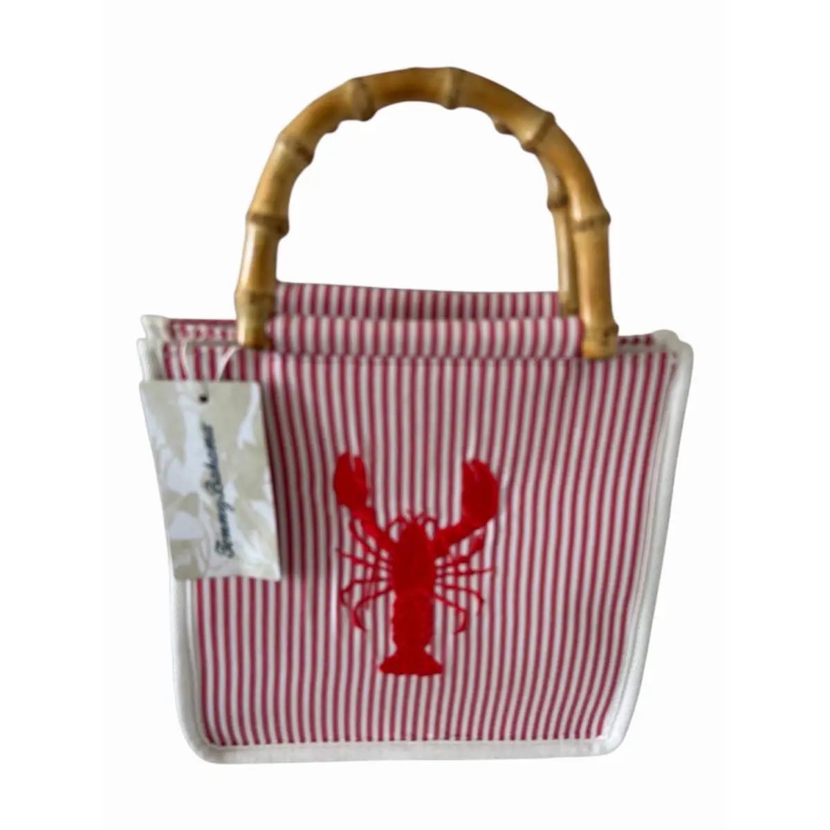 Tommy Bahama Lobster Purse Bag Bamboo Handle Red White Stripe Bag Purse