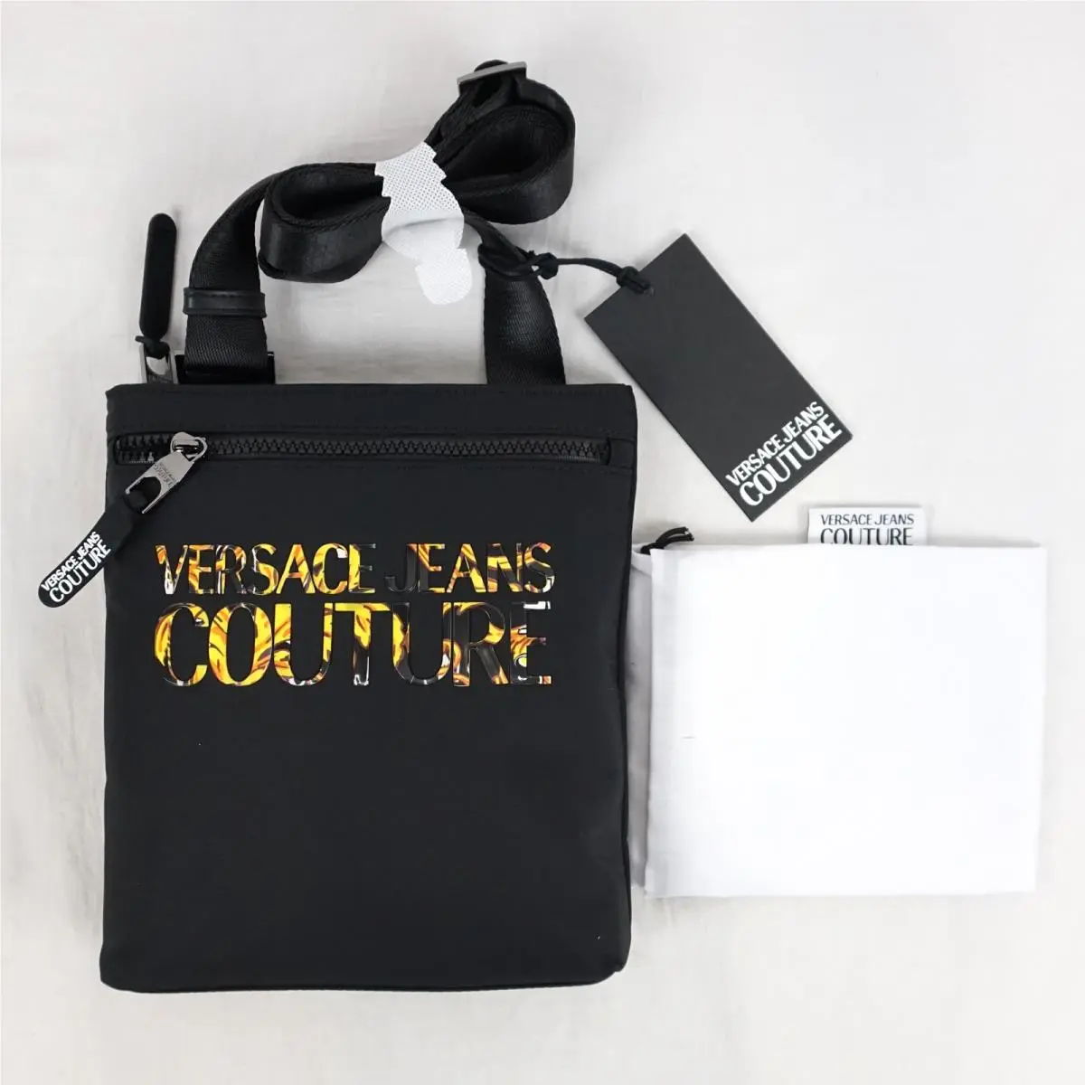 Jeans Couture Range Iconic Logo Sketch 5 Nylon Messenger Bag In Black by Versace