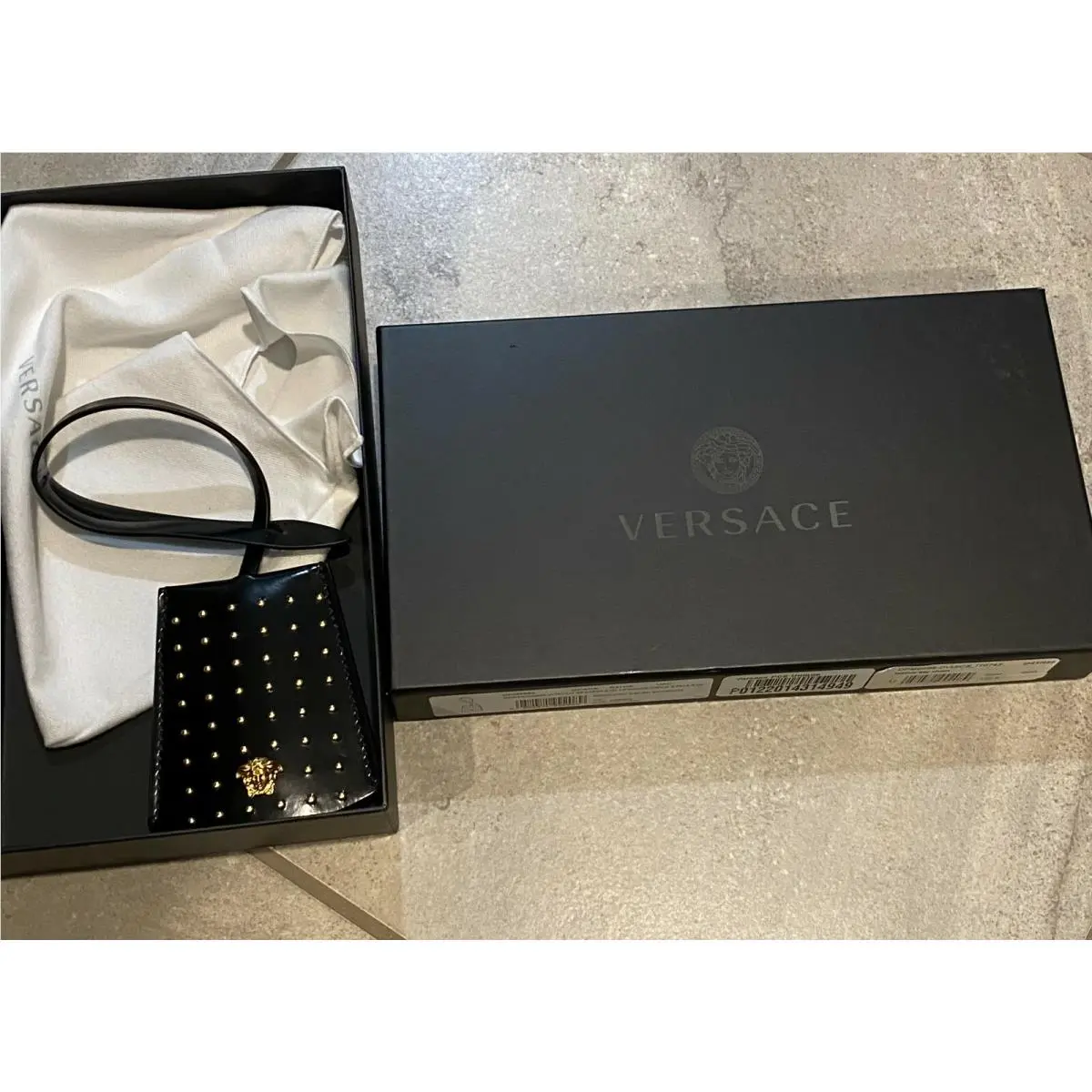 Versace Made in Italy Black Leather Gold Medusa Studded Luggage Tag Keycha