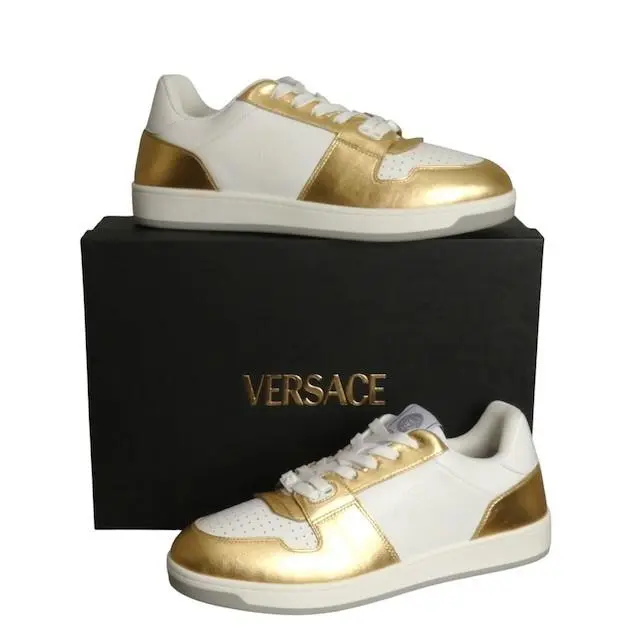 -nib White Gold Low Top Sneakers Size 43.5 by Versace