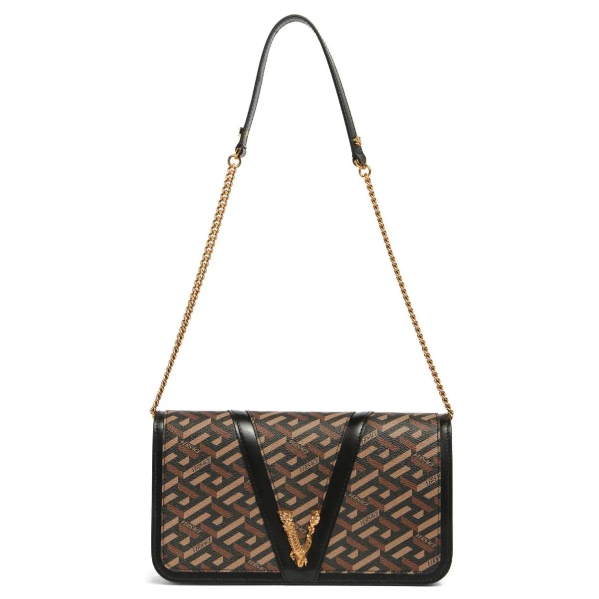 Virtus La Greca Women`s Coated Canvas Leather Shoulder Bag Black Caramel by Versace