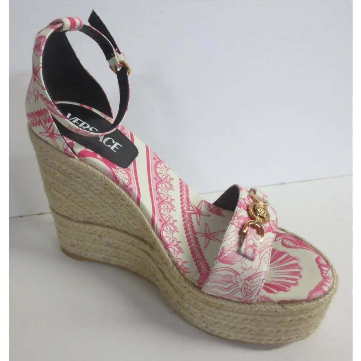 Versace 120MM Baroque Leather Espadrilles - Eggshell/dragonfruit - EU 37 1/2