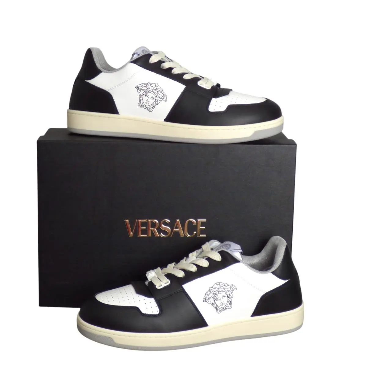 VERSACE-2024 White Black Vitello Sneakers Size 44 by Versace