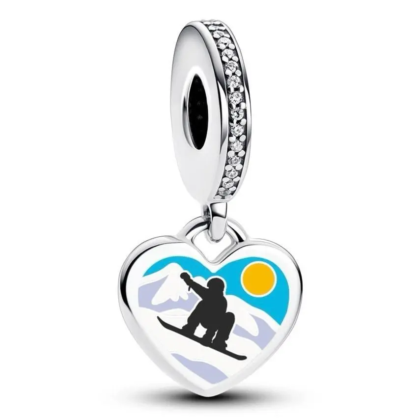 Pandora Snowboarder Heart Dangle Charm Sterling Silver Blue Enamel