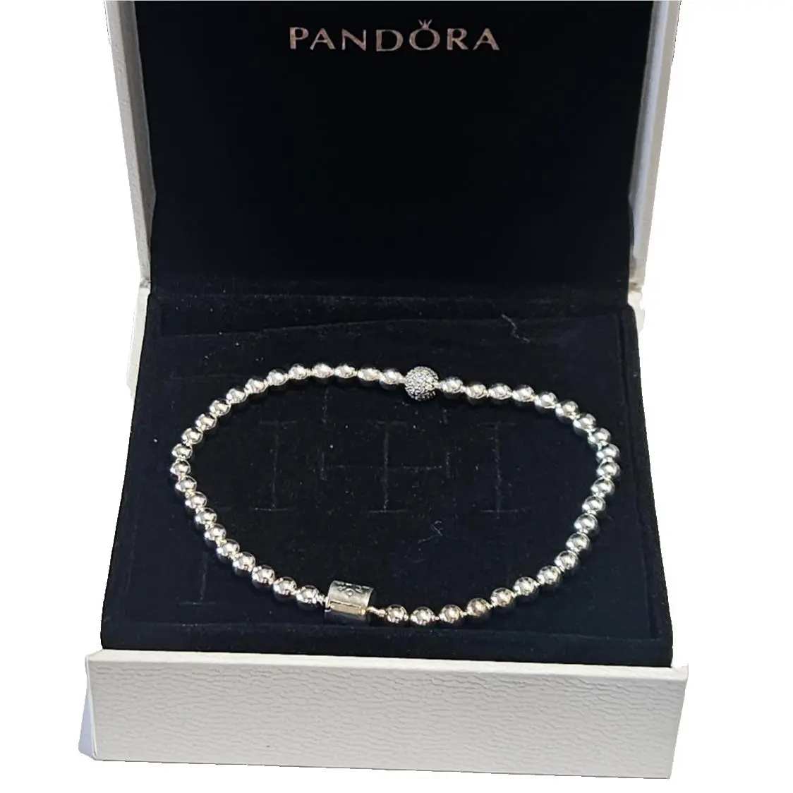 Vtg Pandora 925 Silver Beads Pave Ball Chain Bracelet 598342CZ