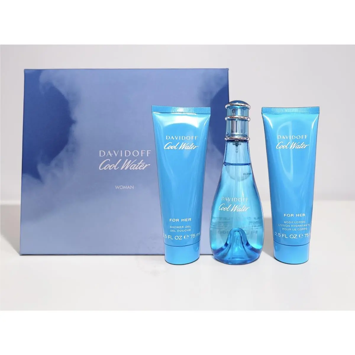 Davidoff Cool Water 3pcs Edt 3.4oz Body Lotion Shower Gel 2.5 oz Each Trio