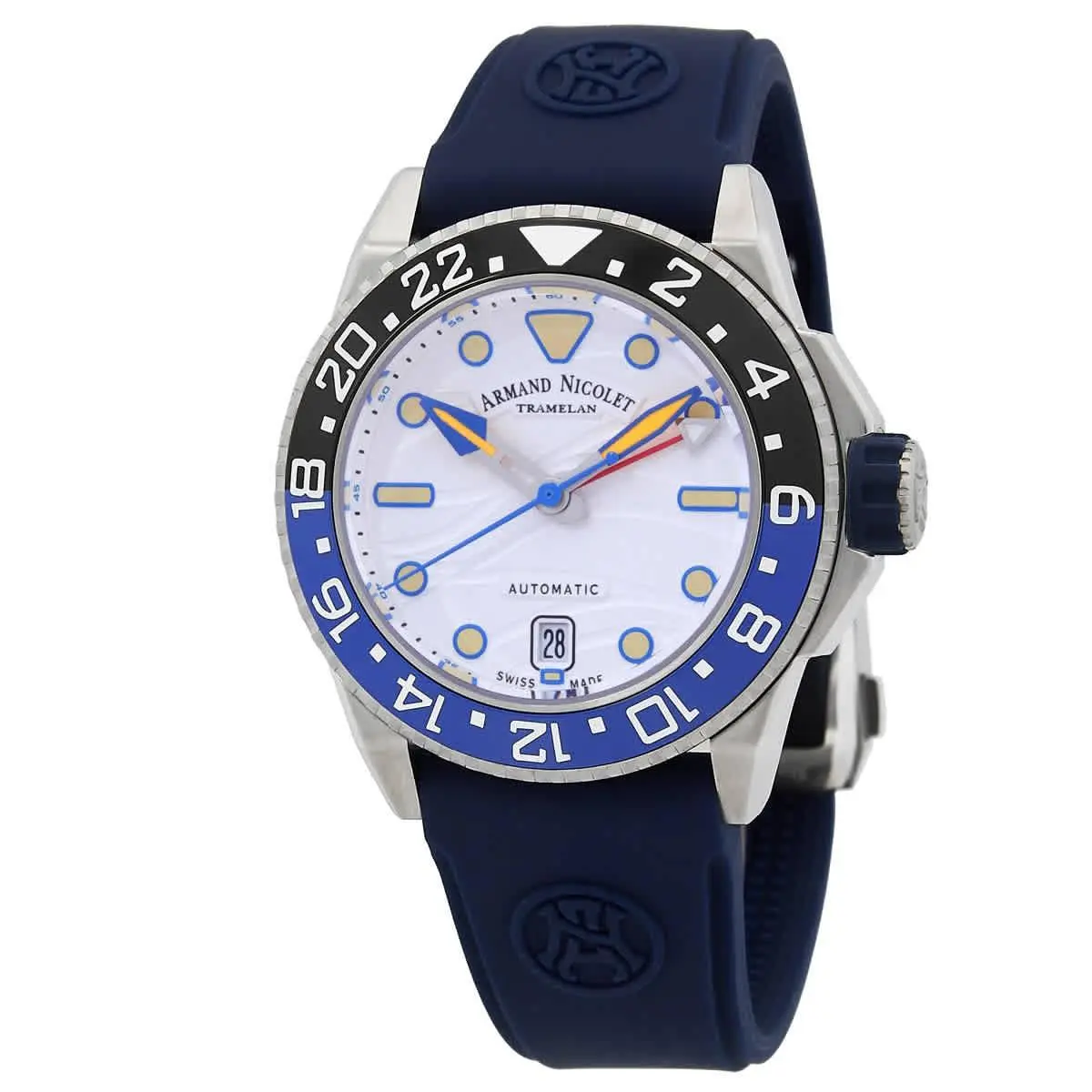 Armand Nicolet Jsh Gmt Automatic Silver Dial Men`s Batman Bezel Watch