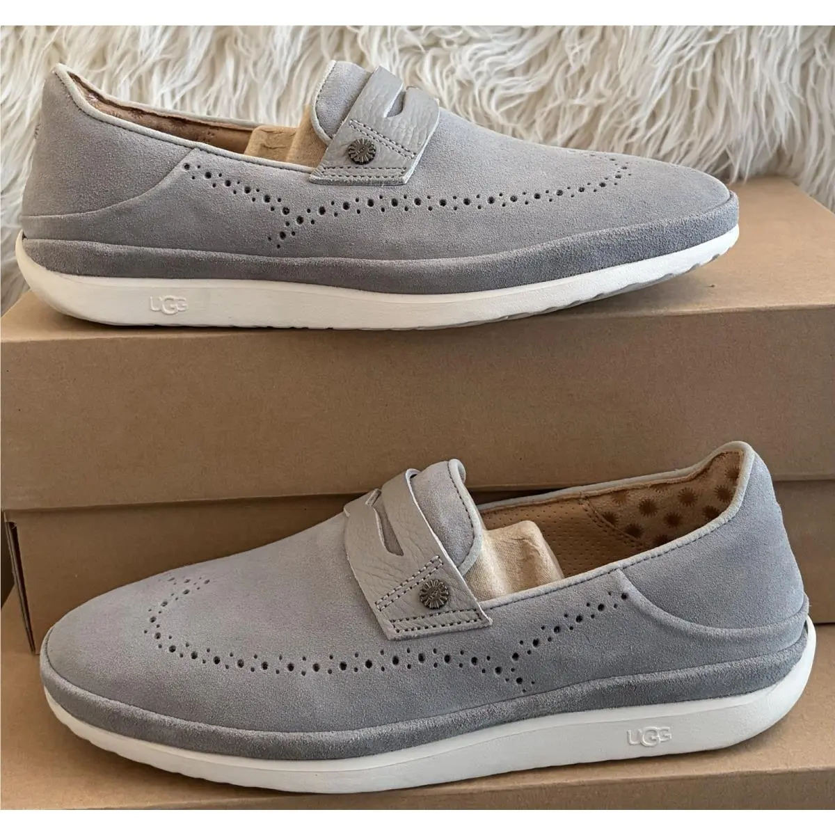 Ugg Cali Penny Mens Loafers 7 Gray Suede Perforated Casual Slip On Fit W Size 8