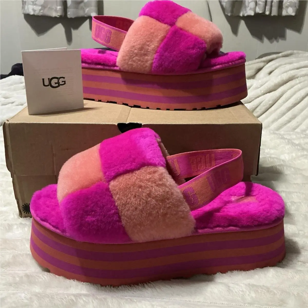 Ugg Pride Disco Checkers Coral Pink Fluff Slide Sandals Slipper Size US 11 Women