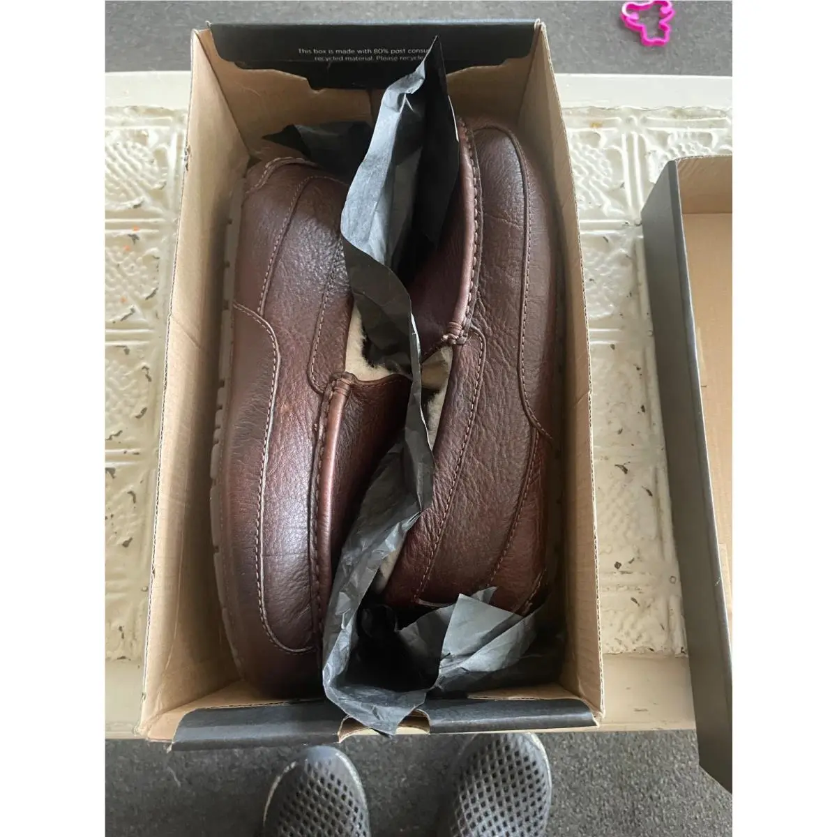 Ugg Slippers Ascot Men Leather Slip-on Shoes Shearling Fur Lined Sz 8 Tea