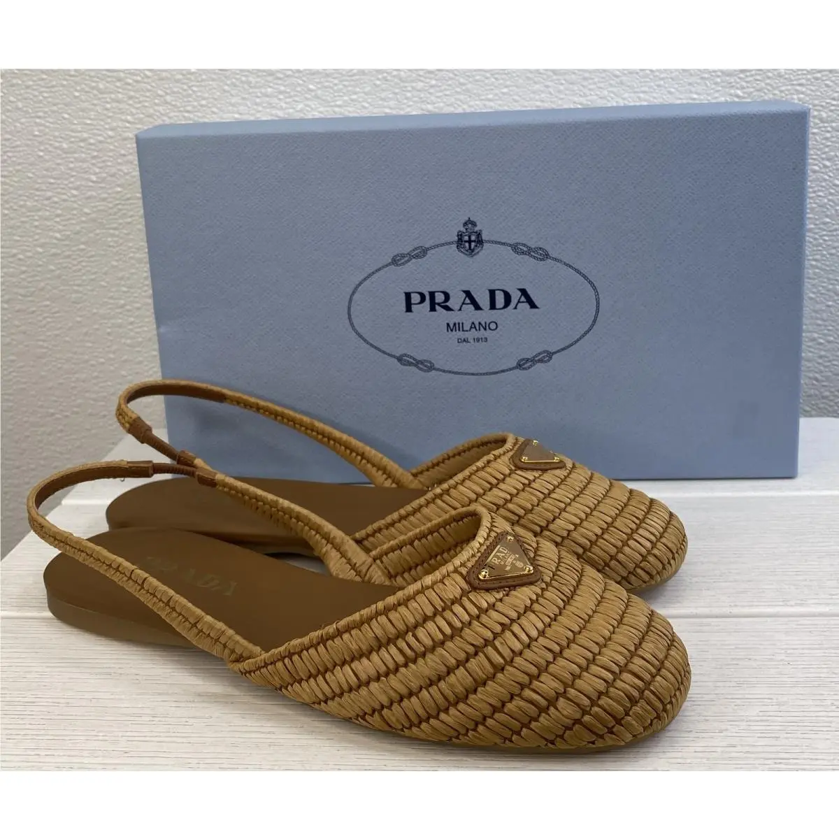 Prada Crochet Raffia Slingbacks Womens Size US8 EU38 Beige Khaki Open Back Flats