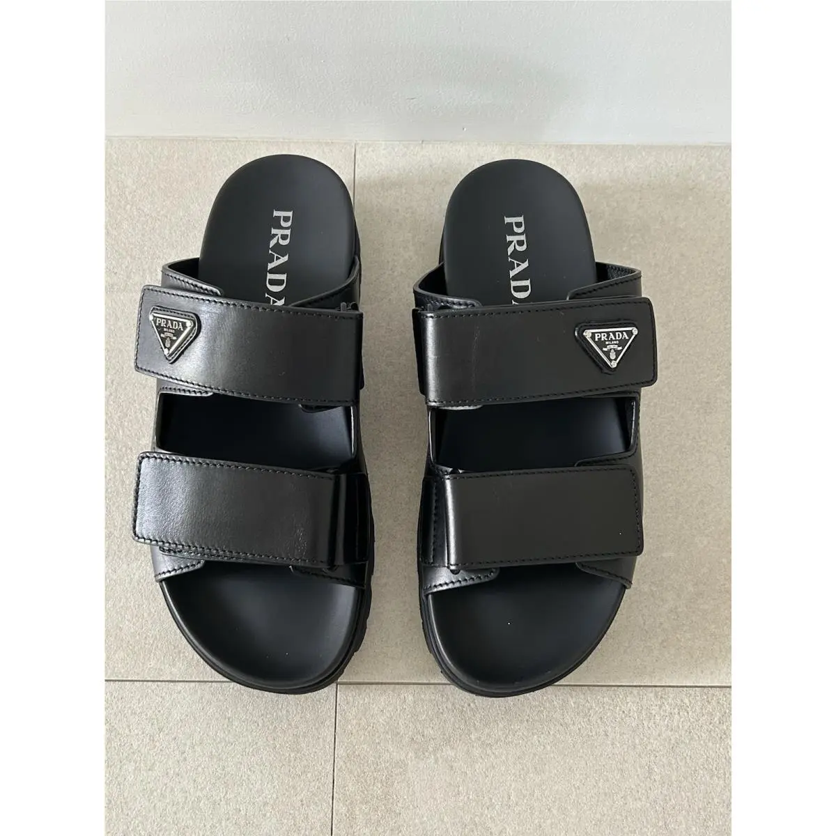 Prada Men’s Black Leather Fussbett Sandal Shoes US 10.5