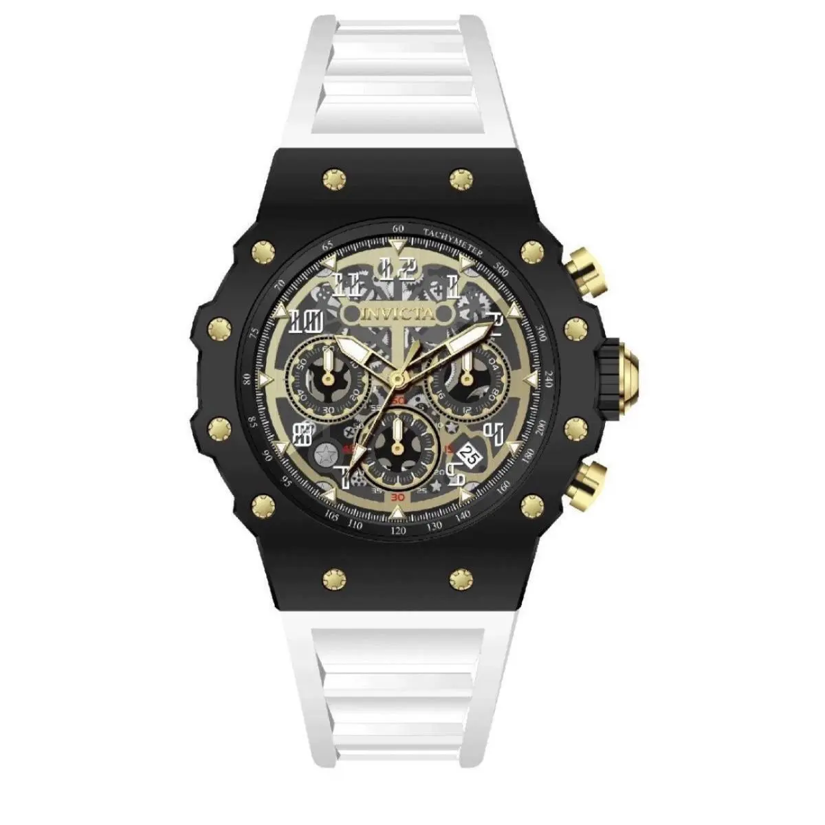 Invicta Racing Vaulthan Men`s Watch 69653 44mm Black Case White Band Skeleton - Dial: Gold, Band: White, Bezel: Black