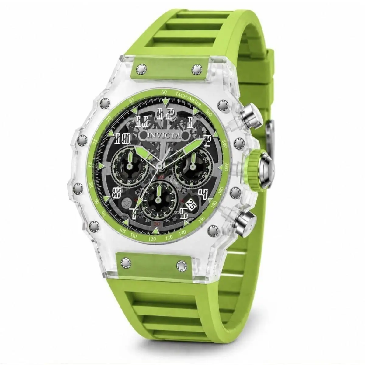 Invicta Racing Vaulthan Men`s Watch 69688 44mm Clear Case Green Band Skeleton - Dial: Silver, Band: Green, Bezel: Clear
