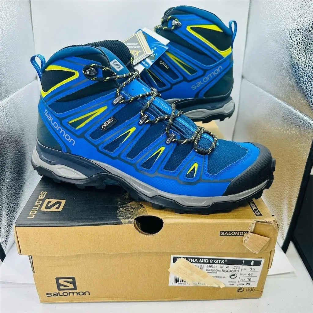 Salomon X Ultra Mid 2 Gtx Men`s Hiking Boots Goretex Blue Yellow Size 10 US