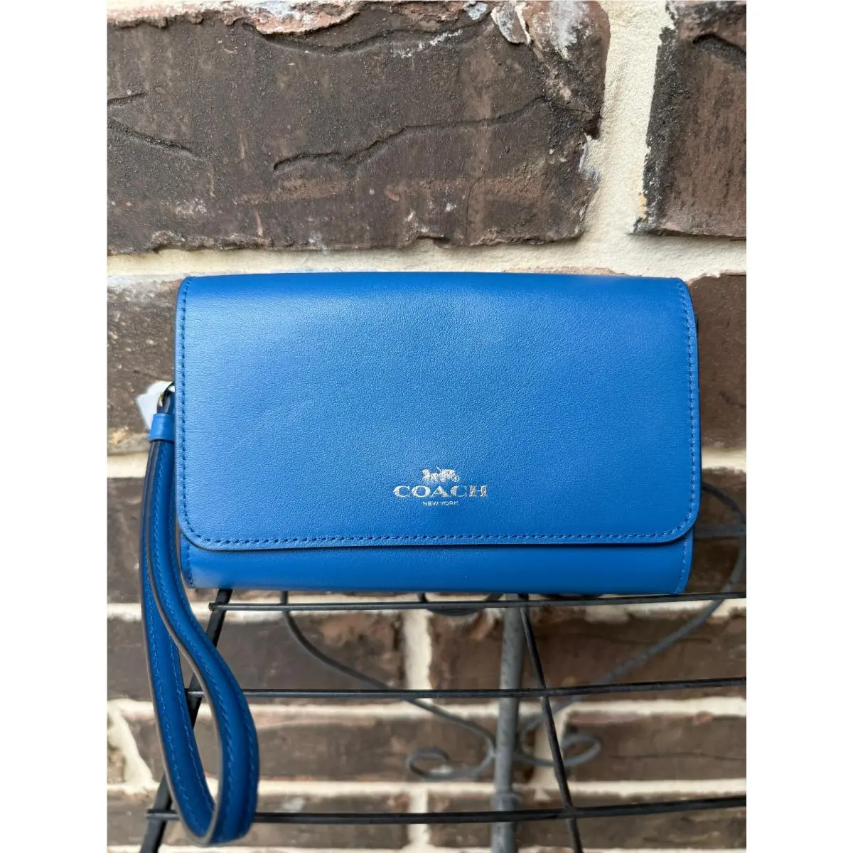 Coach Leather Flap Wallet Wristlet Blue Silver Logo
