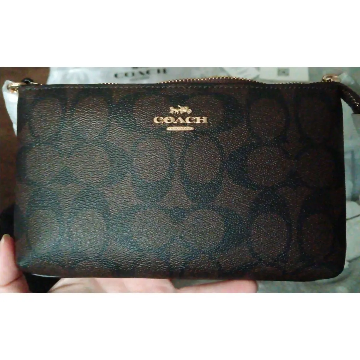 Coach Mid Size Wristlet Clutch Brown Signature Print Gold Chain and Hardware