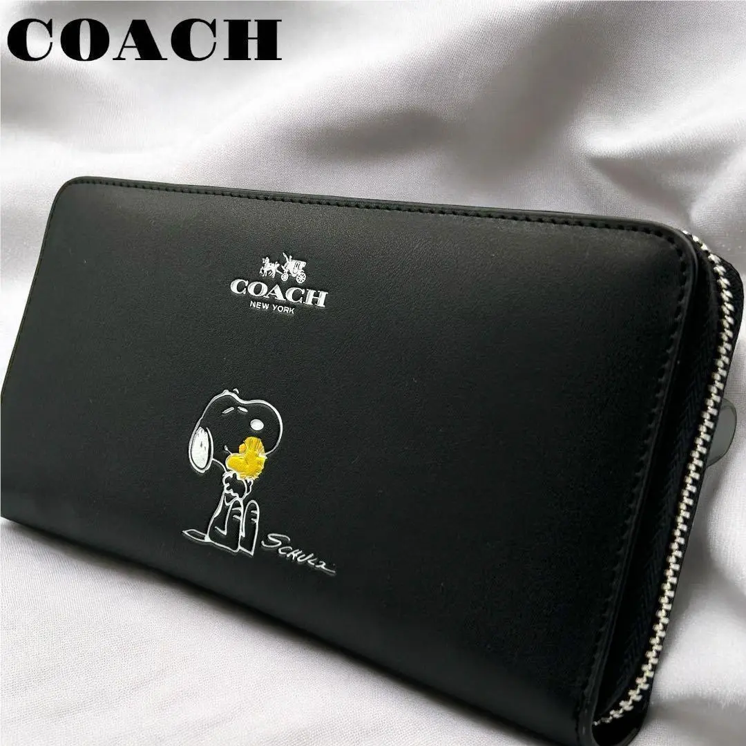 Coach x Peanuts Long Wallet Snoopy Woodstock Leather Zip Black