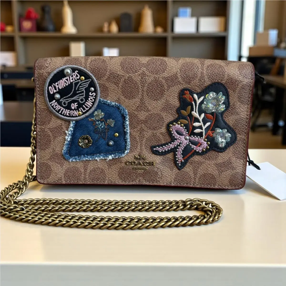 Coach Callie Foldover Signature Chain Clutch Signature Canvas with Patches