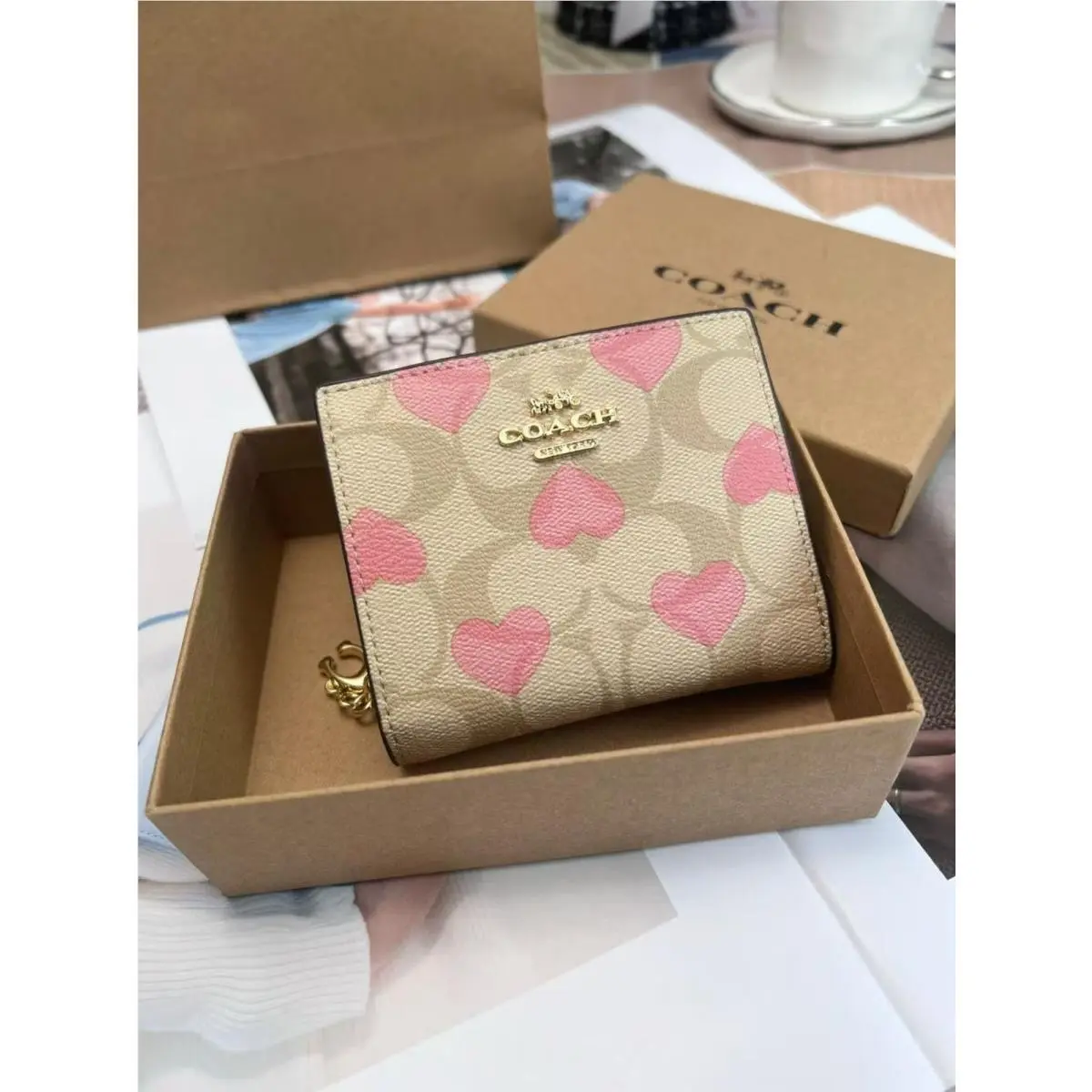 2026  Snap Wallet In Signature Canvas with Heart Print CQ145 by Coach